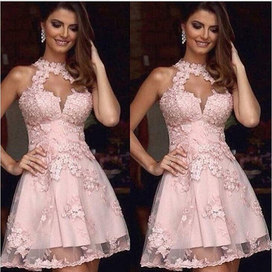 Pink Guadalupe Lace A Line Homecoming Dresses Halter Sleeveless Cut Out Appliques Flowers Pleated