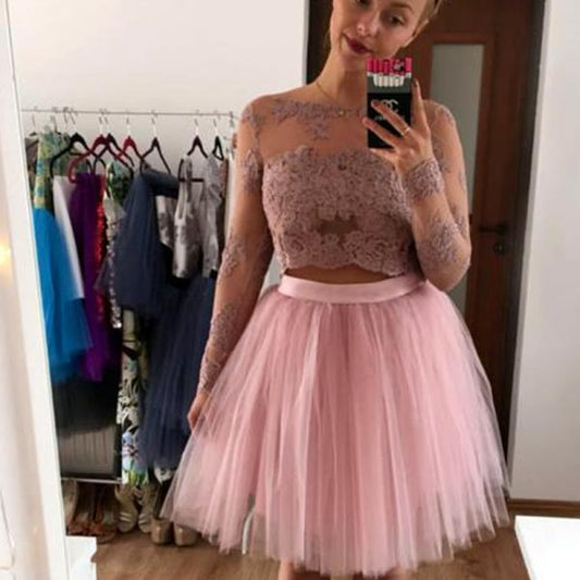 Bateau Long Sleeve Homecoming Dresses A Line Two Pieces Lace Pink Aylin Appliques Tulle Pleated