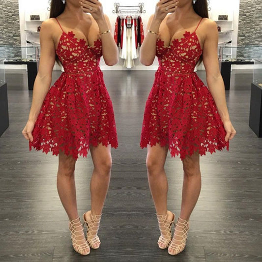 Deep V Neck Homecoming Dresses A Line Lace Karma Hollow Spaghetti Straps Red Sexy Pleated
