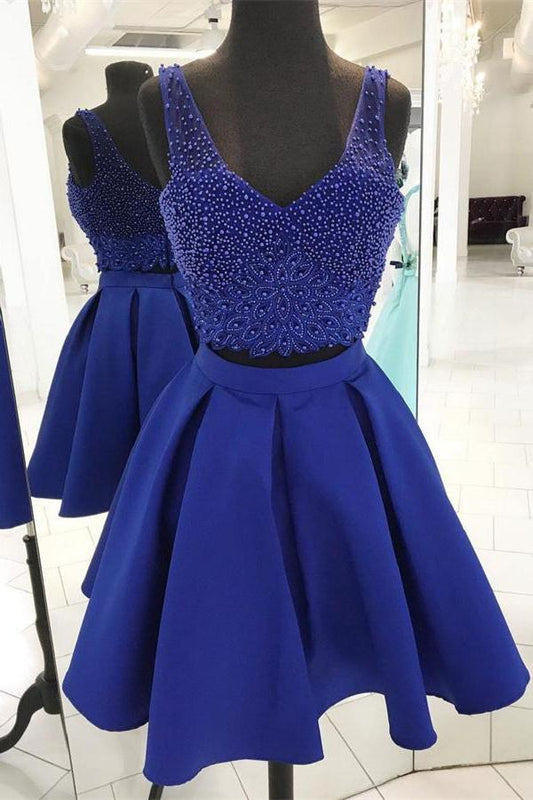 V Neck Sleeveless Beading Royal Blue Homecoming Dresses A Line Beatrice Two Pieces Satin Backless