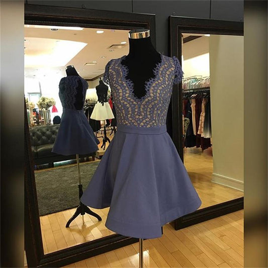 Cap Sleeve Deep V Neck Homecoming Dresses Yaretzi A Line Satin Lace Backless Lavender Pleated