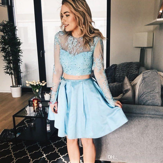 Long Sleeve Jewel Appliques Sheer Lace Satin Alayna A Line Homecoming Dresses Two Pieces Light Blue