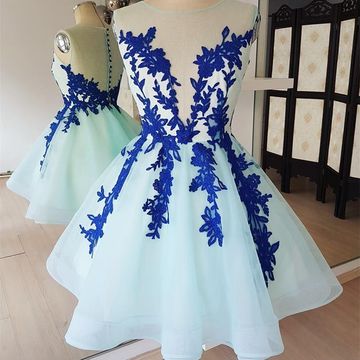 Blue Scoop Sleeveless Sheer Back Lace A Line Homecoming Dresses Lila Appliques Tulle