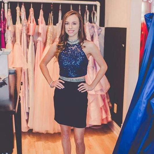 Halter Tricia Homecoming Dresses Two Pieces Sheath Sequins Dark Navy Appliques Rhinestone Sleeveless