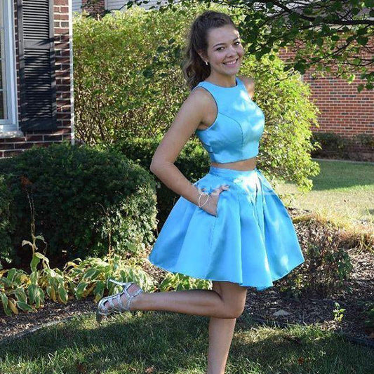 Jewel Sleeveless Blue Two Pieces Jaylyn A Line Satin Homecoming Dresses Pockets Pleated Short