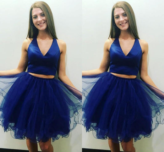 Royal Blue Clara Homecoming Dresses Two Pieces A Line V Neck Sleeveless Pleated Organza