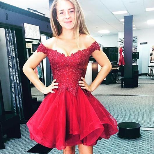 Appliques Off Lace A Line Homecoming Dresses Haley The Shoulder Organza Pleated Burgundy