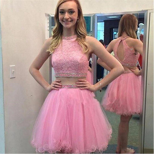 Sleeveless Halter A Line Pink Homecoming Dresses Baylee Two Pieces Appliques Organza Backless