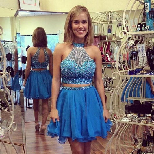 Backless Halter Sleeveless Homecoming Dresses A Line Two Pieces Destiny Beading Organza Blue