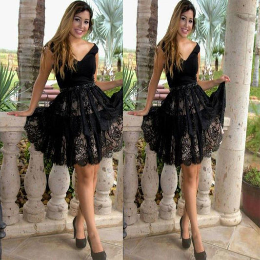 Black Off Shoulder Lace A Line Imani Homecoming Dresses V Neck Flowers Elegant Sexy
