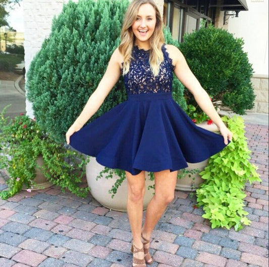 Dark A Line Satin Lace Homecoming Dresses Maddison Navy Appliques Sleeveless Halter Pleated