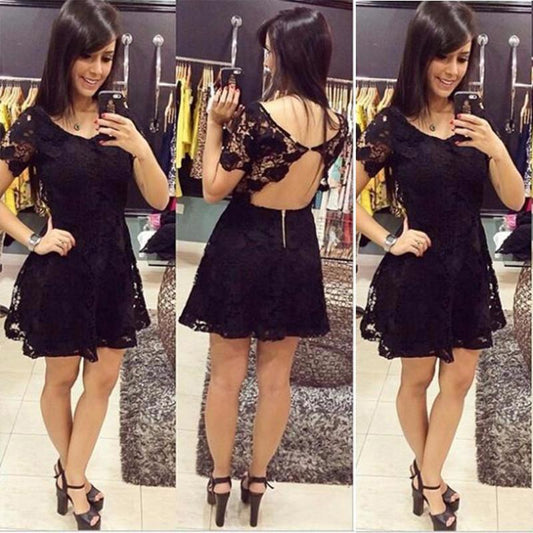 Backless Scoop Black Homecoming Dresses Lace Reina A Line Short Sleeve Sexy Flowers Pleated