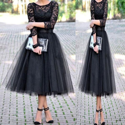 Scoop Black A Line Aurora Homecoming Dresses Lace Long Sleeve Sheer Tulle Pleated Elegant