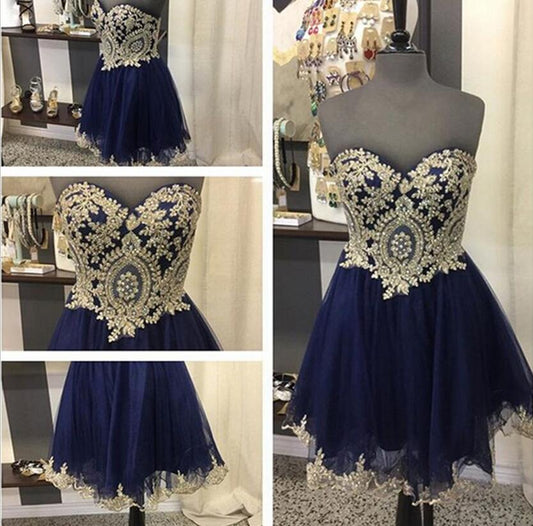 Strapless Lace Homecoming Dresses A Line Charlee Sweetheart Dark Navy Tulle Appliques Exquisite