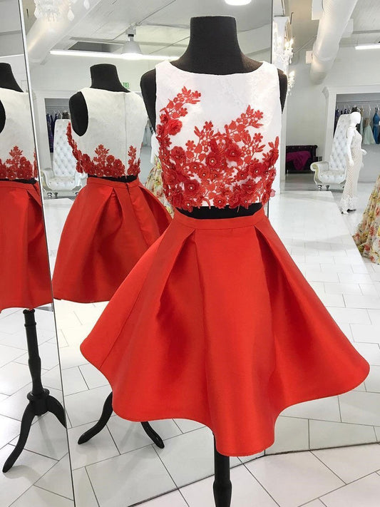 Sleeveless Jewel Pleated Satin Two Pieces Thirza Homecoming Dresses Red Appliques Flowers Short