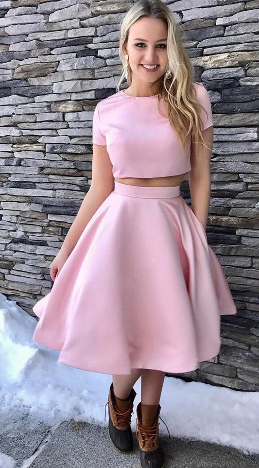 Short Sleeve Satin Homecoming Dresses A Line Pink Two Pieces Kaia Jewel Pleated