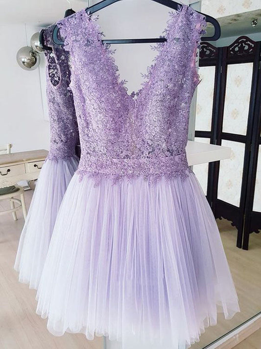 Deep V Neck Lavender Tulle Pleated Lace A Line Kyla Homecoming Dresses Sleeveless Backless
