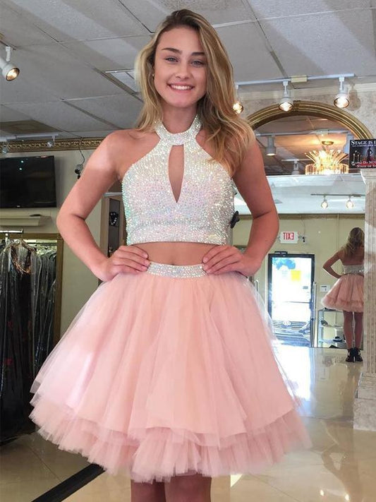 A Line Guadalupe Two Pieces Homecoming Dresses Pink Halter Sleeveless Cut Out Pleated Tulle Beading