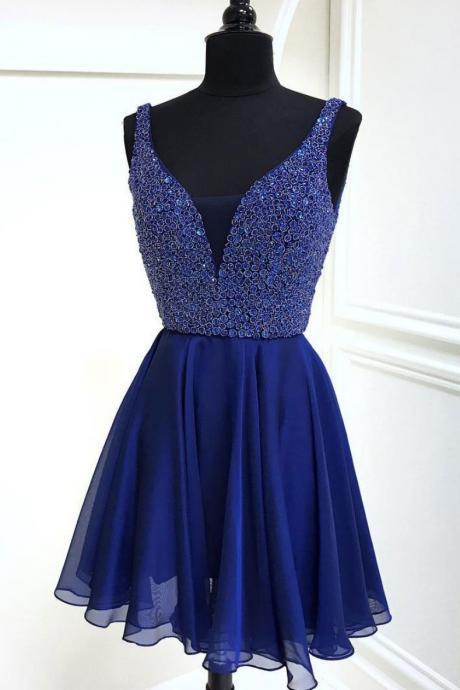 Deep V Neck Appliques Royal Blue A Line Chiffon Katelyn Homecoming Dresses Sparkle Sleeveless
