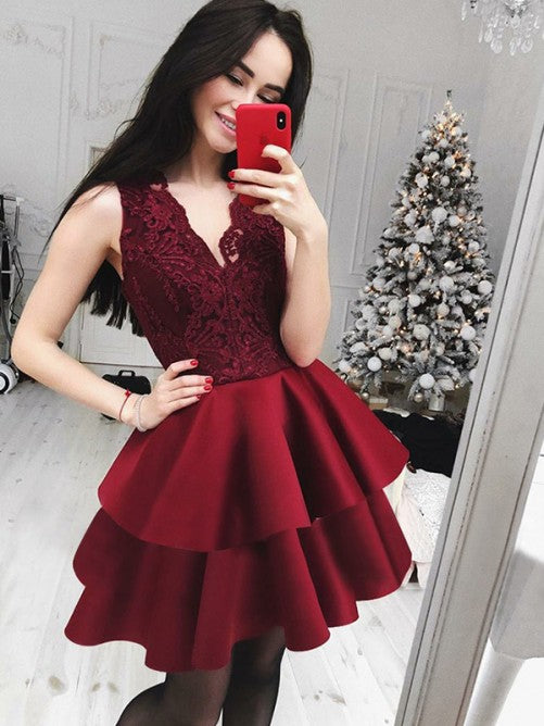 Deep V Homecoming Dresses A Line Cornelia Lace Neck Sleeveless Tiered Pleated Burgundy Appliques