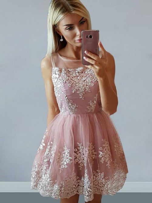 Appliques Sleeveless Sheer Straps A Line Lace Pink Homecoming Dresses Callie Scoop Pleated