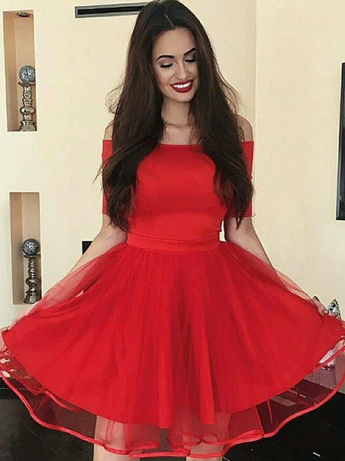 Off The Shoulder Half Sleeve Pleated Organza Kamora A Line Homecoming Dresses Red Short