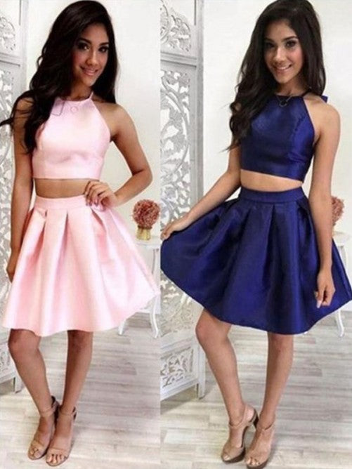 Two Pieces Satin A Line Janessa Homecoming Dresses Halter Sleeveless Short Pleated
