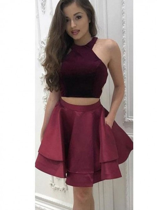 Halter Sleeveless Burgundy Pleated Tiered A Line Satin Jo Homecoming Dresses Two Pieces Short