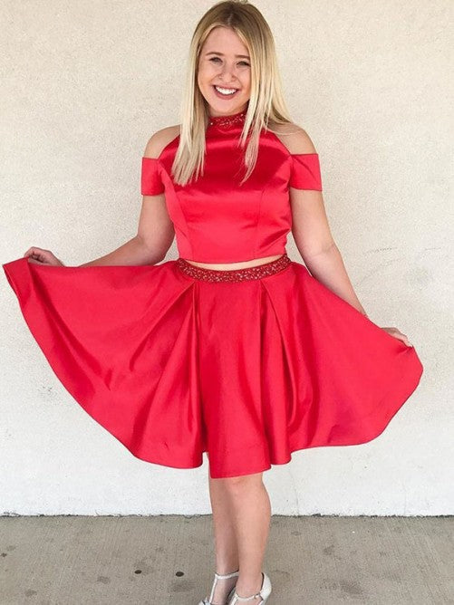 Satin Two Pieces Homecoming Dresses Azaria A Line Off The Shoulder Jewel Red Pleated Beading