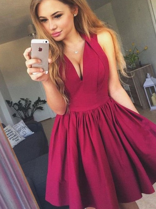 Burgundy Sleeveless Deep V Neck Pleated A Line Homecoming Dresses Justice Satin Short