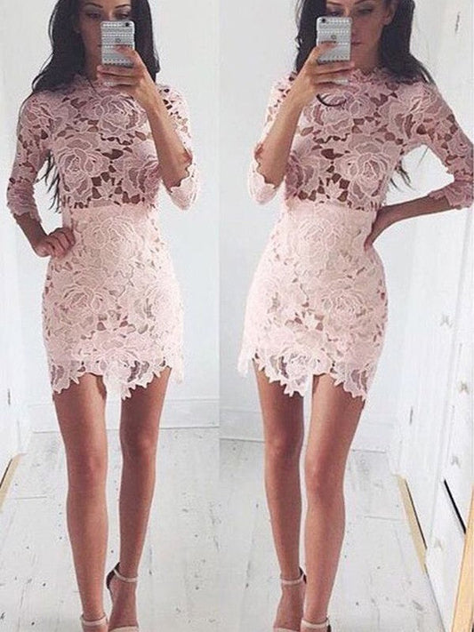 Jewel Long Sleeve Flowers Appliques Lace Mckinley Homecoming Dresses Pink Sheath Short