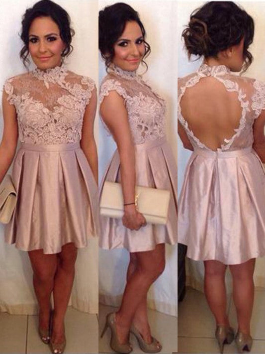 Appliques Sheer High Neck Backless Cap Lace Peyton Homecoming Dresses Satin Sleeve Dusty Rose