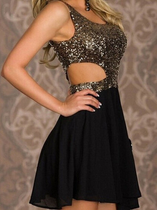 Scoop Homecoming Dresses Chiffon A Line Harper Sleeveless Cut Out Black Short Sexy Sequins
