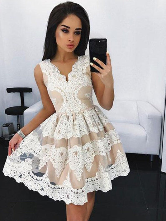 Homecoming Dresses A Line Ashly Ivory Lace Sleeveless V Neck Flowers Appliques Pleated