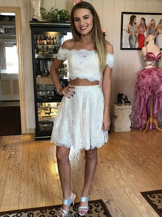 Off The A Line Lace Two Pieces Homecoming Dresses Kayley Shoulder White Appliques Pleated