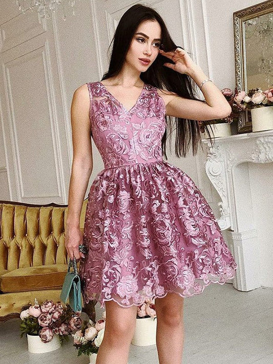 Pink Homecoming Dresses Lace Stephany V Neck Sleeveless Ball Gown Appliques Flowers