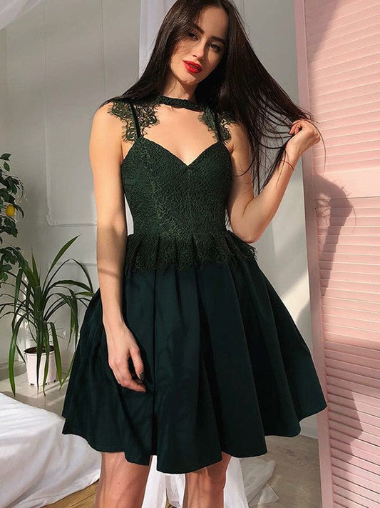 Sleeveless Pleated V Neck Appliques Homecoming Dresses Satin Kailee Lace A Line Dark Green