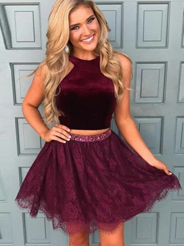 A Line Lace Two Pieces Homecoming Dresses Abagail Burgundy Halter Sleeveless Flowers Beading