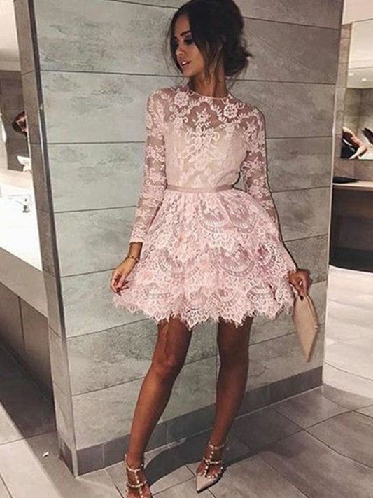 Pink A Line Lace Homecoming Dresses Kaila Long Sleeve Jewel Tiered Short Flowers Sheer