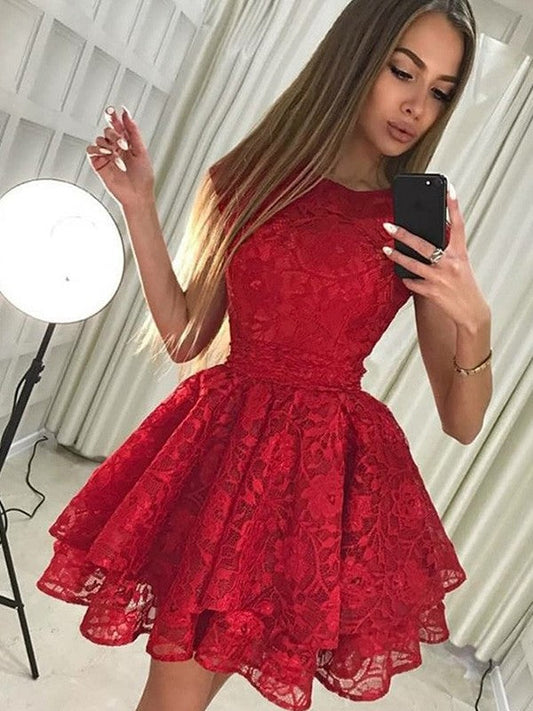 Red Pleated Heidi Lace Homecoming Dresses A Line Appliques Flowers Pleated Tulle Cap Sleeve