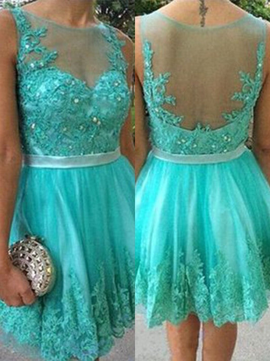 Turquoise Sheer Sleeveless Jewel Aniya Homecoming Dresses Lace Pleated Short Appliques