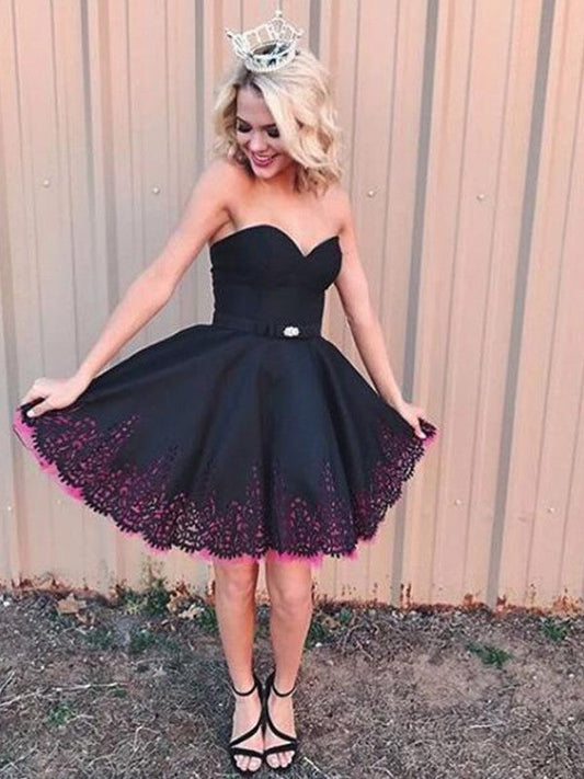 Strapless Sweetheart Black Pleated Lace A Line Satin Homecoming Dresses Kaylah Above Knee