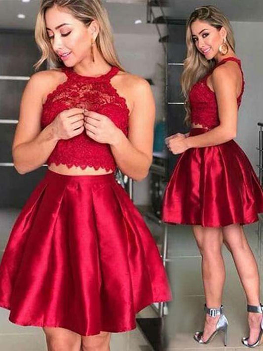 Sleeveless Halter Pleated A Line Satin Two Pieces Homecoming Dresses Natalia Lace Short Red