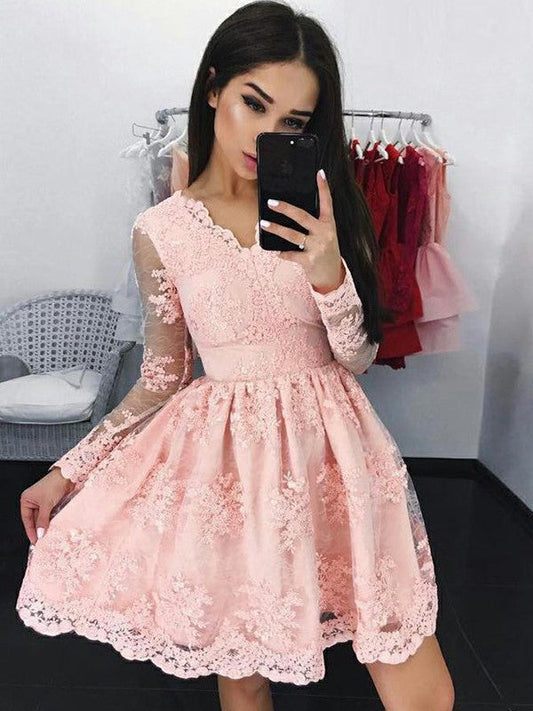 Long Sleeve V Lace Pink Homecoming Dresses Miracle A Line Neck Appliques Sheer Flowers Short