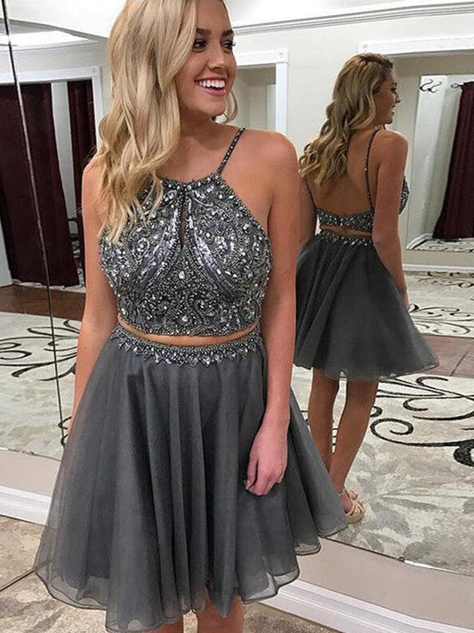 Halter Spaghetti Straps Grey Backless A Line Matilda Two Pieces Homecoming Dresses Organza Beading