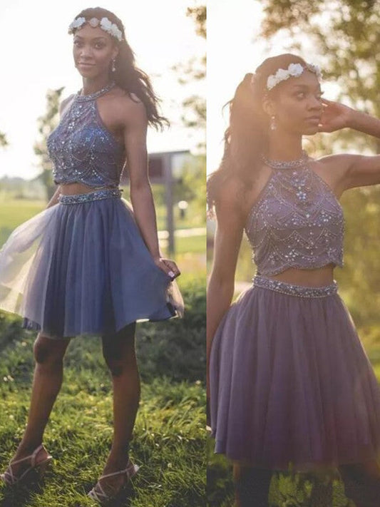 Two Pieces A Line Homecoming Dresses Lena Halter Sleeveless Pleated Tulle Beading Short