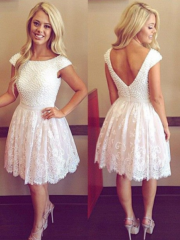 Scoop Homecoming Dresses Lace Rachel Cap Sleeve White Ball Gown Flowers Backless Beading