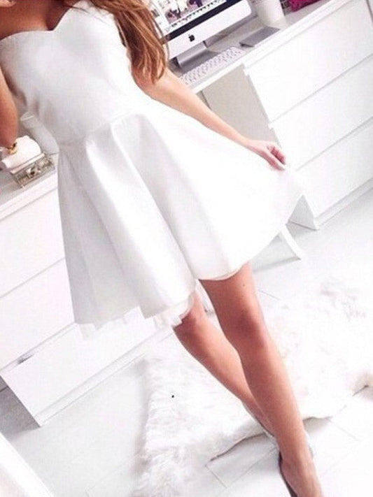 Strapless Sweetheart White Pleated Above Reagan Satin A Line Homecoming Dresses Knee Simple