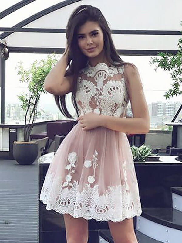 Sleeveless Alexus Lace A Line Homecoming Dresses Jewel Dusty Rose Appliques Pleated Short