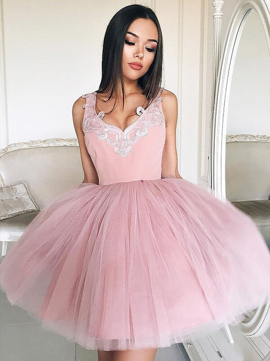V Pink Homecoming Dresses Cloe Neck Tulle Ball Gown Sleeveless Appliques Pleated